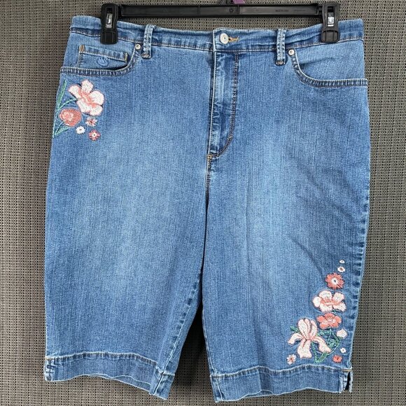 Gloria Vanderbilt Pants - Gloria Vanderbilt Amanda Womens Size 14 Blue Denim Shorts Floral Embroidery